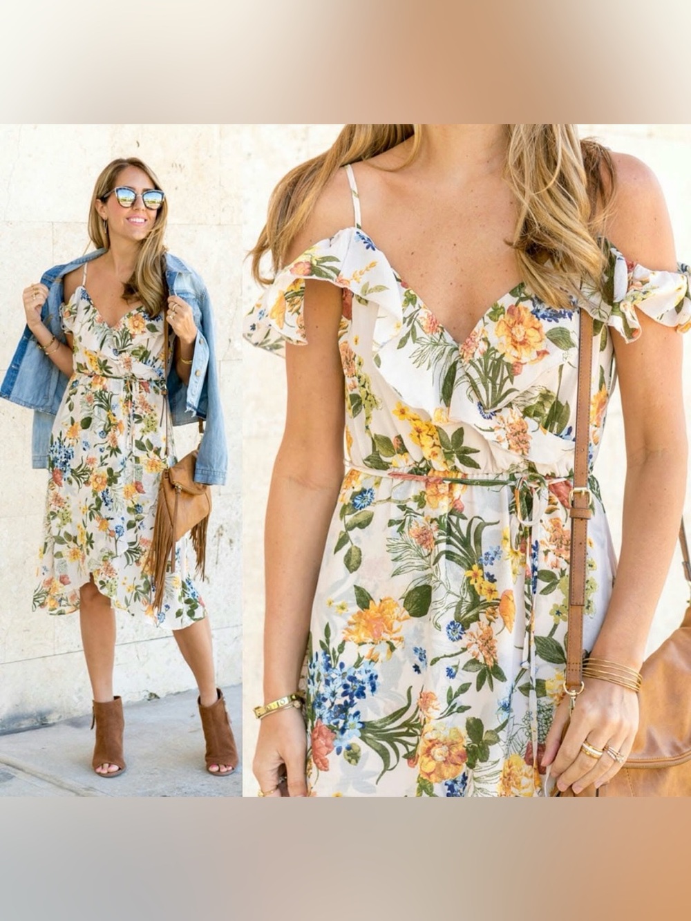 june & hudson White Floral Cold-Shoulder Ruffle Midi Dress medium